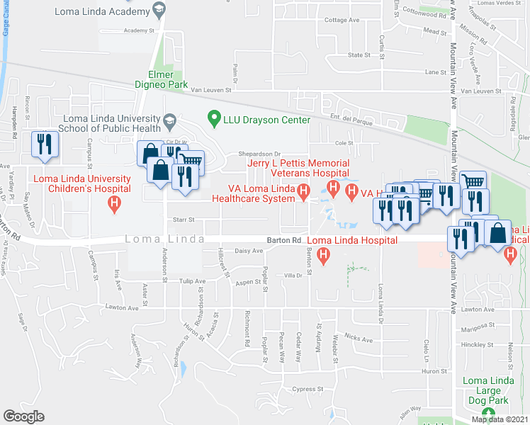 map of restaurants, bars, coffee shops, grocery stores, and more near 25181 Prospect Avenue in Loma Linda