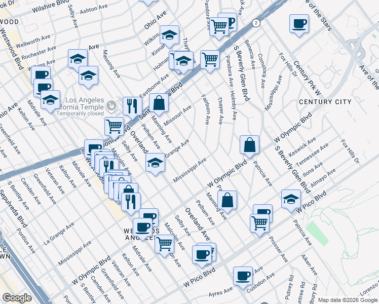 map of restaurants, bars, coffee shops, grocery stores, and more near 2023 Parnell Avenue in Los Angeles