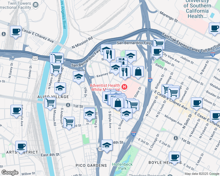 map of restaurants, bars, coffee shops, grocery stores, and more near 214 Echandia Street in Los Angeles