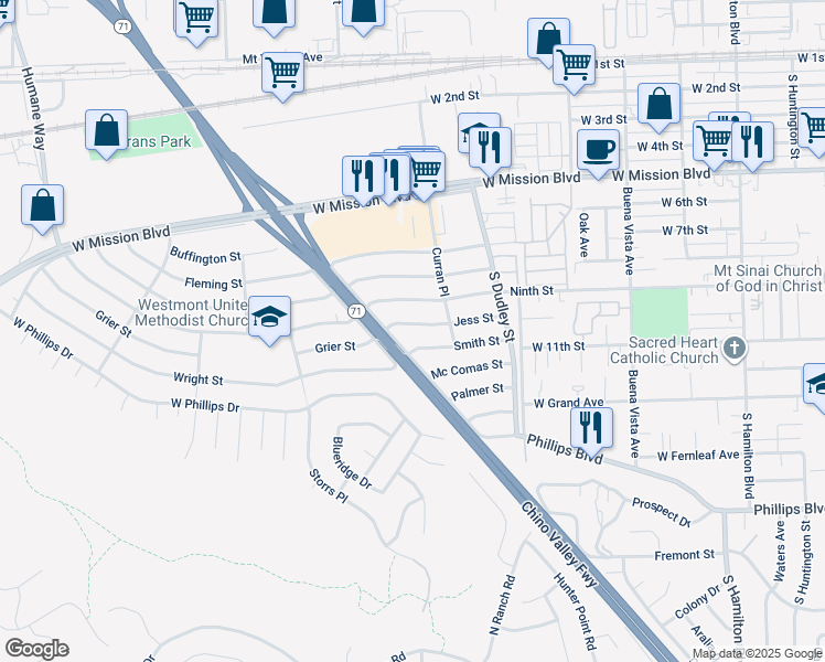 map of restaurants, bars, coffee shops, grocery stores, and more near 1654 Jess Street in Pomona