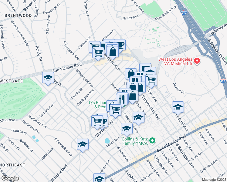 map of restaurants, bars, coffee shops, grocery stores, and more near 11811 Kiowa Avenue in Los Angeles