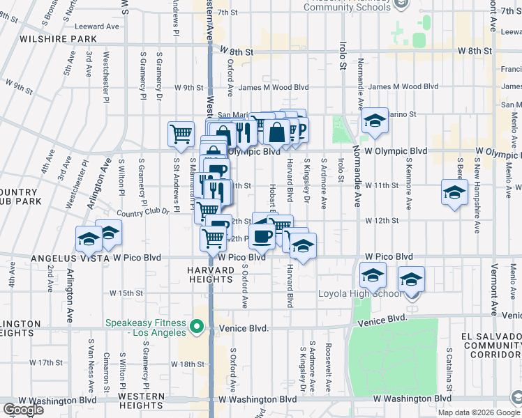 map of restaurants, bars, coffee shops, grocery stores, and more near 1138 South Serrano Avenue in Los Angeles