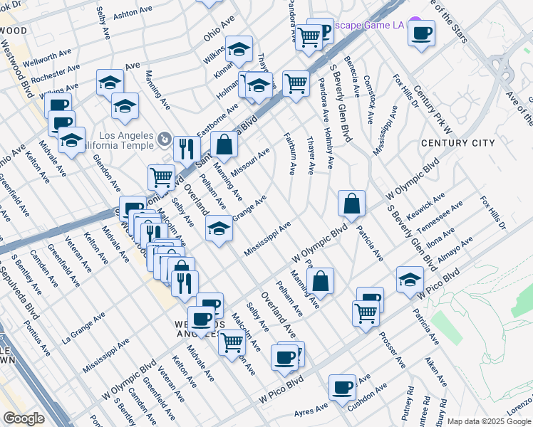 map of restaurants, bars, coffee shops, grocery stores, and more near 2007 Parnell Avenue in Los Angeles