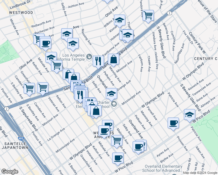 map of restaurants, bars, coffee shops, grocery stores, and more near 1932 Overland Avenue in Los Angeles