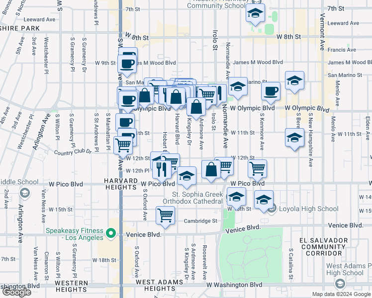 map of restaurants, bars, coffee shops, grocery stores, and more near 1139 South Kingsley Drive in Los Angeles