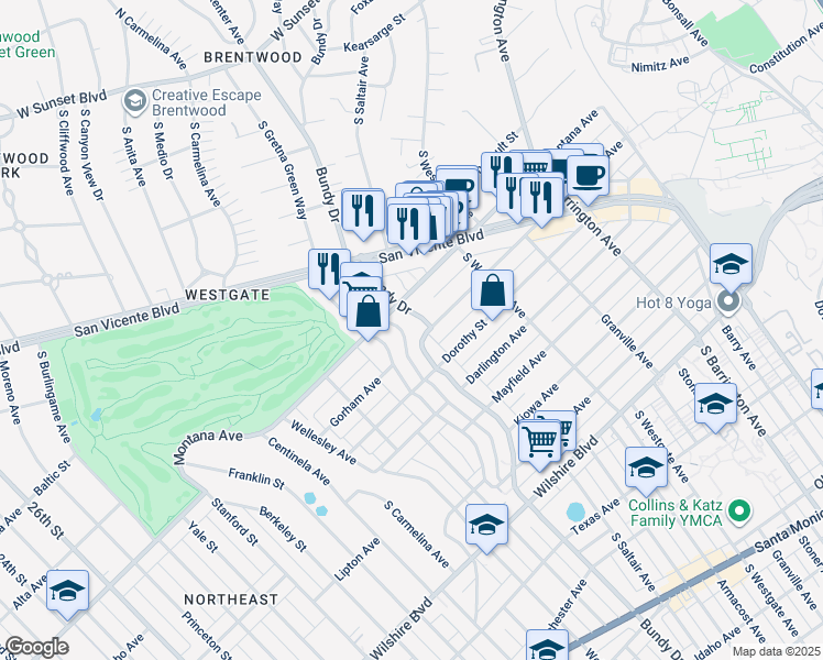 map of restaurants, bars, coffee shops, grocery stores, and more near 823 South Bundy Drive in Los Angeles