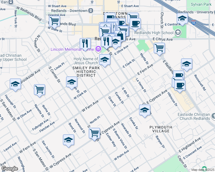 map of restaurants, bars, coffee shops, grocery stores, and more near 332 South Eureka Street in Redlands