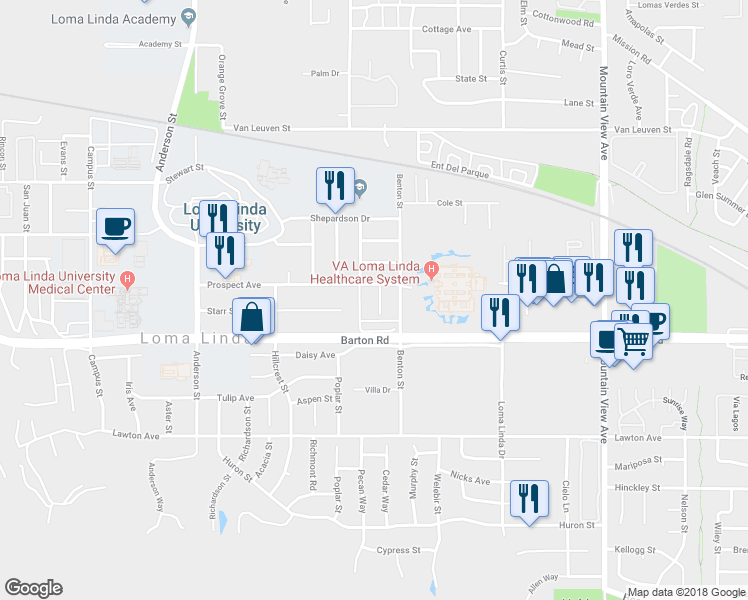 map of restaurants, bars, coffee shops, grocery stores, and more near 11212 Exeter Street in Loma Linda