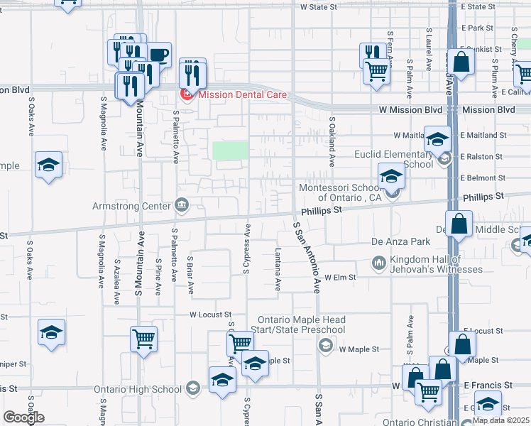 map of restaurants, bars, coffee shops, grocery stores, and more near 1245 South Cypress Avenue in Ontario