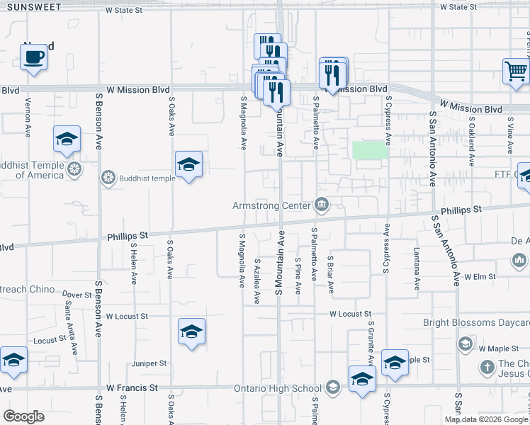 map of restaurants, bars, coffee shops, grocery stores, and more near 1102 West Phillips Street in Ontario