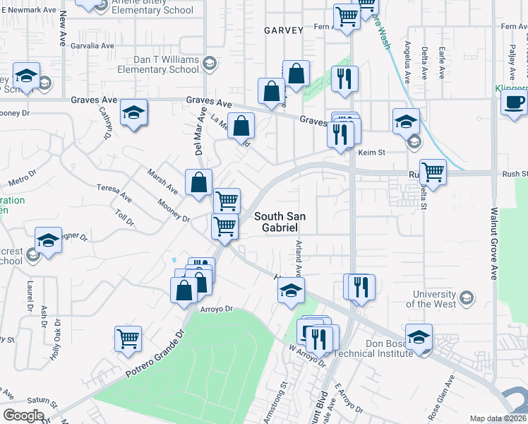 map of restaurants, bars, coffee shops, grocery stores, and more near 7835 Nannestad Street in Rosemead
