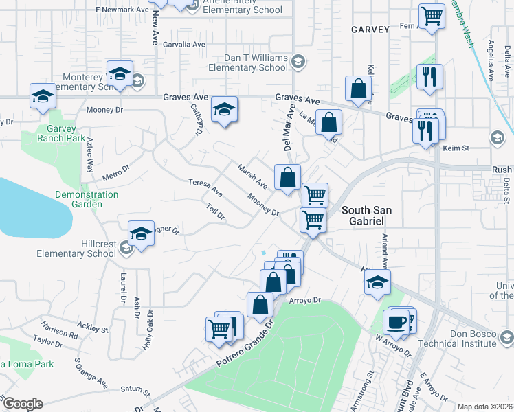map of restaurants, bars, coffee shops, grocery stores, and more near 7562 Mooney Drive in Rosemead