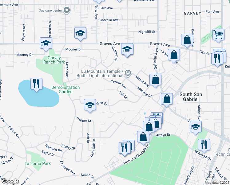 map of restaurants, bars, coffee shops, grocery stores, and more near 7328 Toll Drive in Rosemead