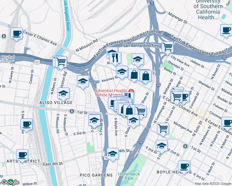 map of restaurants, bars, coffee shops, grocery stores, and more near 1609 Michigan Avenue in Los Angeles