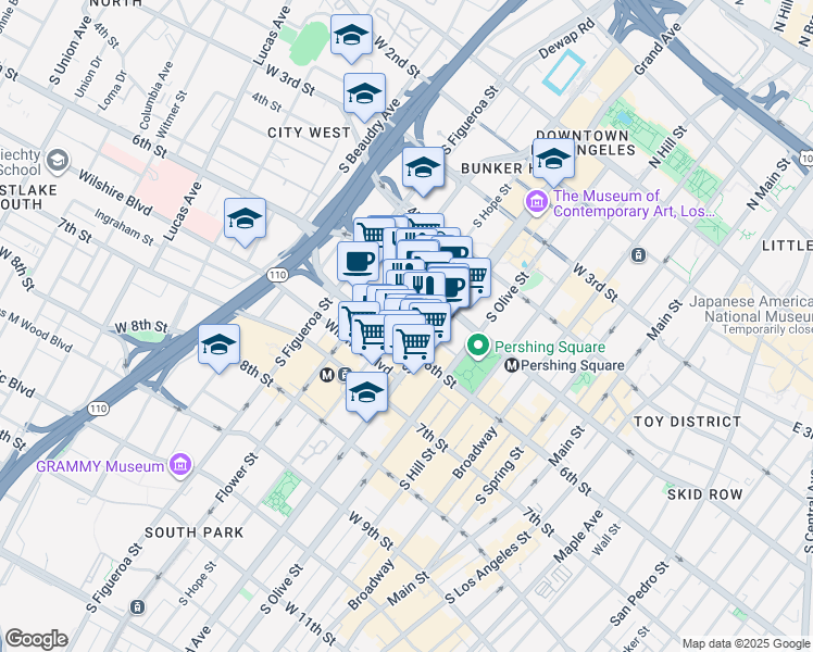 map of restaurants, bars, coffee shops, grocery stores, and more near 630 West 5th Street in Los Angeles