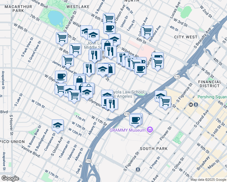 map of restaurants, bars, coffee shops, grocery stores, and more near 1421 James M Wood Boulevard in Los Angeles