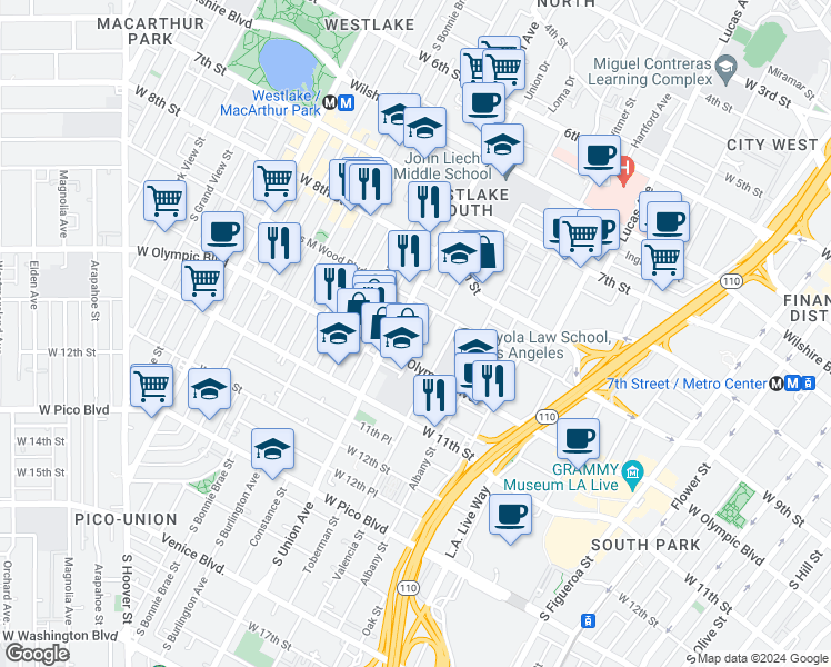 map of restaurants, bars, coffee shops, grocery stores, and more near 936s South Union Avenue in Los Angeles