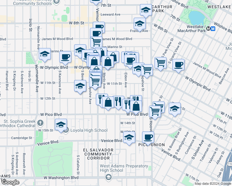 map of restaurants, bars, coffee shops, grocery stores, and more near 1126 South Westmoreland Avenue in Los Angeles