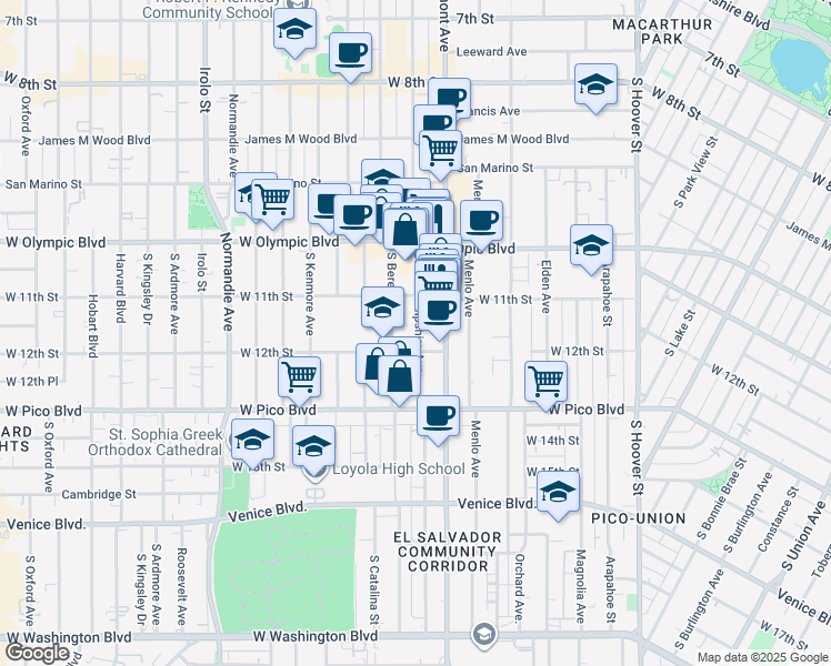 map of restaurants, bars, coffee shops, grocery stores, and more near 1131 South New Hampshire Avenue in Los Angeles