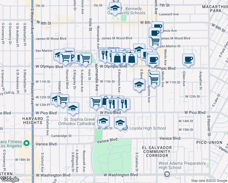 map of restaurants, bars, coffee shops, grocery stores, and more near 1128 South Fedora Street in Los Angeles