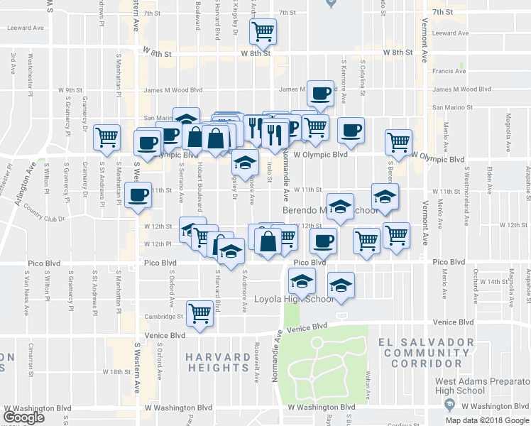 map of restaurants, bars, coffee shops, grocery stores, and more near 1128 South Ardmore Avenue in Los Angeles