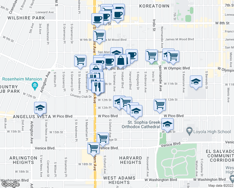 map of restaurants, bars, coffee shops, grocery stores, and more near 1125 South Serrano Avenue in Los Angeles