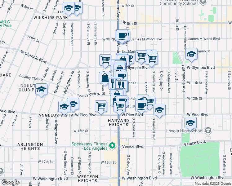 map of restaurants, bars, coffee shops, grocery stores, and more near 1127 South Western Avenue in Los Angeles