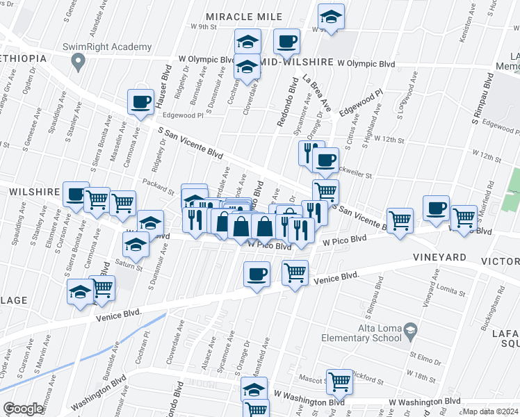 map of restaurants, bars, coffee shops, grocery stores, and more near in Los Angeles