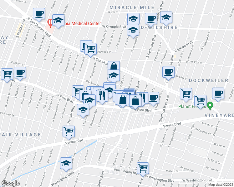 map of restaurants, bars, coffee shops, grocery stores, and more near 1328 South Cochran Avenue in Los Angeles