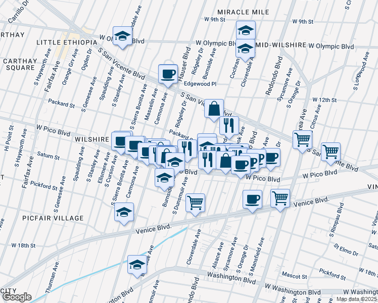 map of restaurants, bars, coffee shops, grocery stores, and more near 5322 Packard Street in Los Angeles