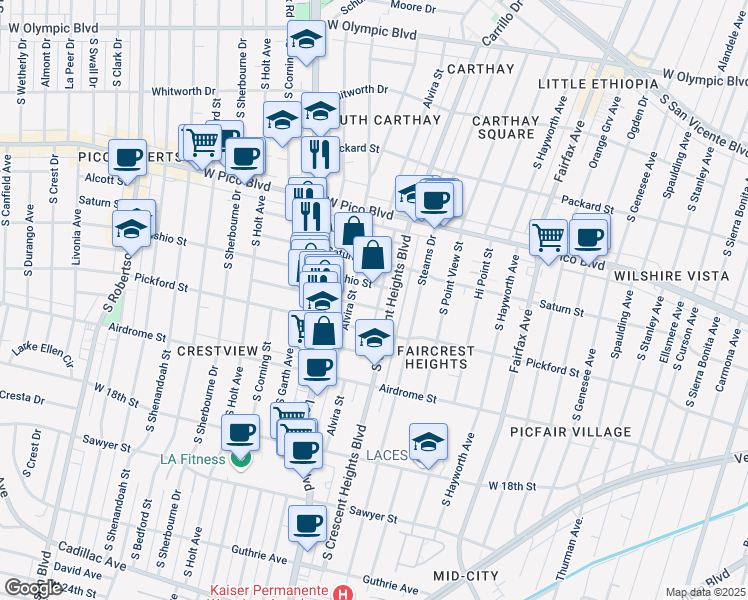 map of restaurants, bars, coffee shops, grocery stores, and more near 6082 Cashio Street in Los Angeles
