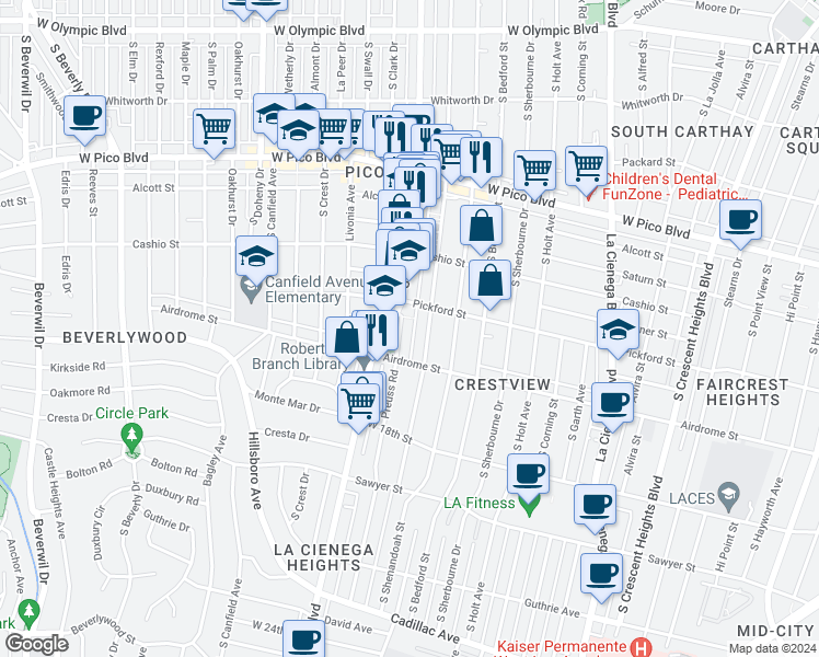 map of restaurants, bars, coffee shops, grocery stores, and more near 1620 Preuss Road in Los Angeles