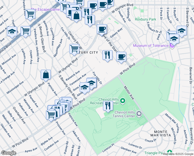 map of restaurants, bars, coffee shops, grocery stores, and more near 2325 Fox Hills Drive in Los Angeles