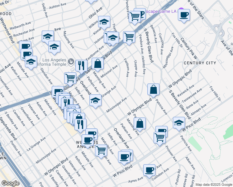 map of restaurants, bars, coffee shops, grocery stores, and more near 2007 Parnell Avenue in Los Angeles