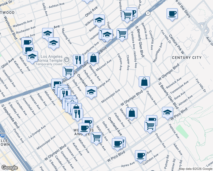 map of restaurants, bars, coffee shops, grocery stores, and more near 2007 Parnell Avenue in Los Angeles