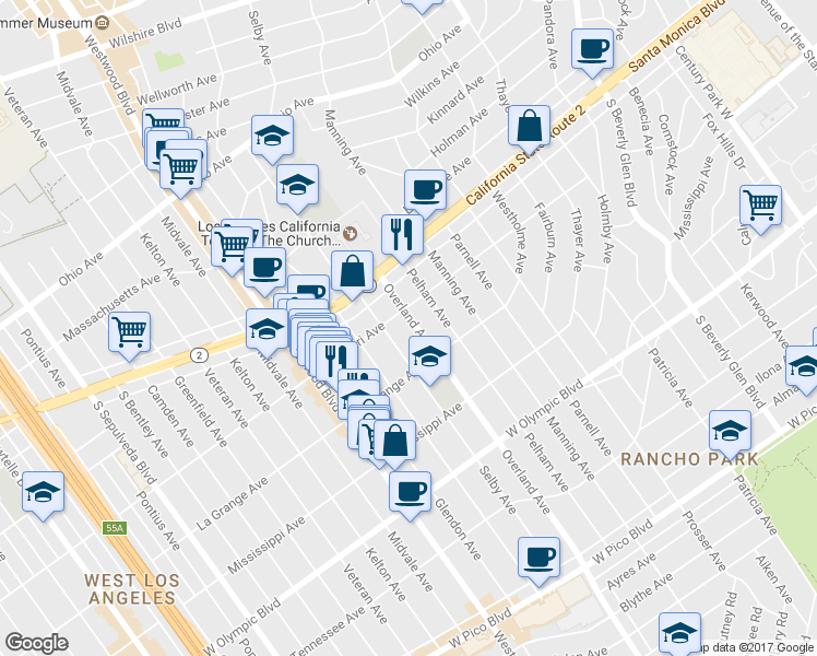 map of restaurants, bars, coffee shops, grocery stores, and more near 1920 Overland Avenue in Los Angeles