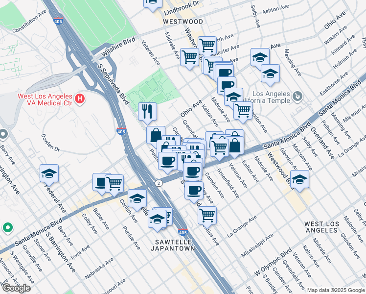 map of restaurants, bars, coffee shops, grocery stores, and more near 11033 Massachusetts Avenue in Los Angeles