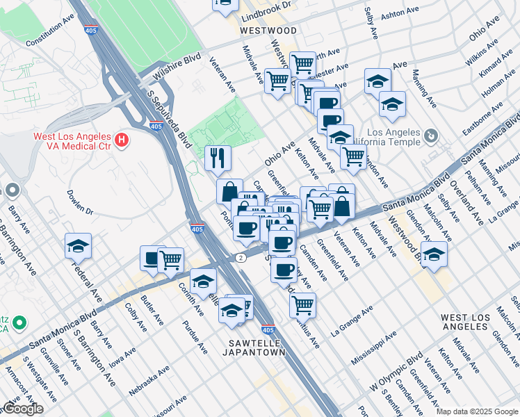 map of restaurants, bars, coffee shops, grocery stores, and more near 11033 Massachusetts Avenue in Los Angeles