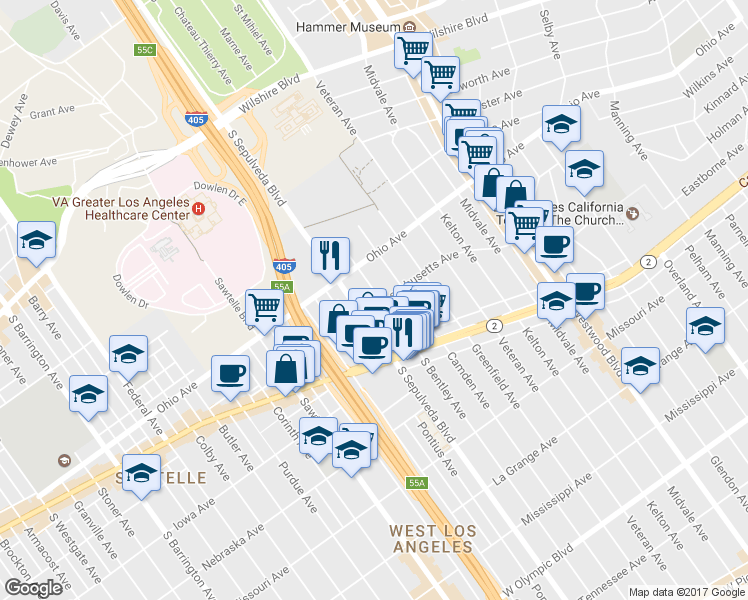 map of restaurants, bars, coffee shops, grocery stores, and more near 11033 Massachusetts Avenue in Los Angeles