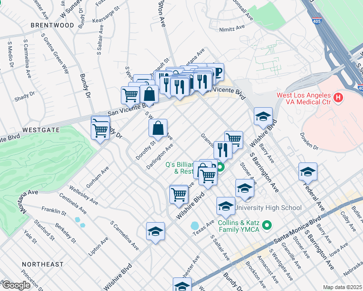 map of restaurants, bars, coffee shops, grocery stores, and more near 11854 Darlington Avenue in Los Angeles