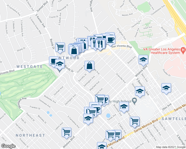 map of restaurants, bars, coffee shops, grocery stores, and more near 11920 Dorothy Street in Los Angeles