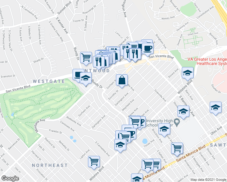 map of restaurants, bars, coffee shops, grocery stores, and more near 11953 Dorothy Street in Los Angeles