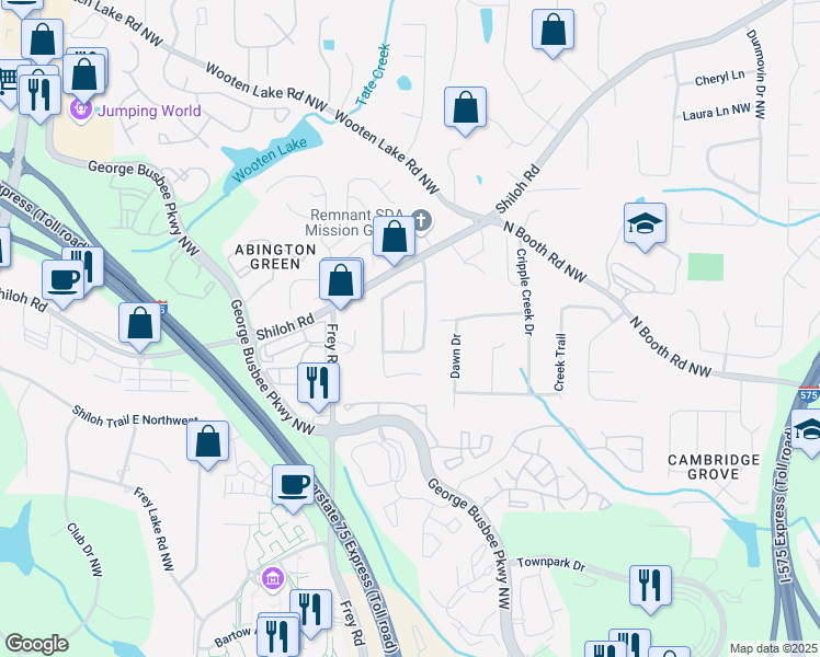 map of restaurants, bars, coffee shops, grocery stores, and more near 4164 Little Springs Road in Kennesaw