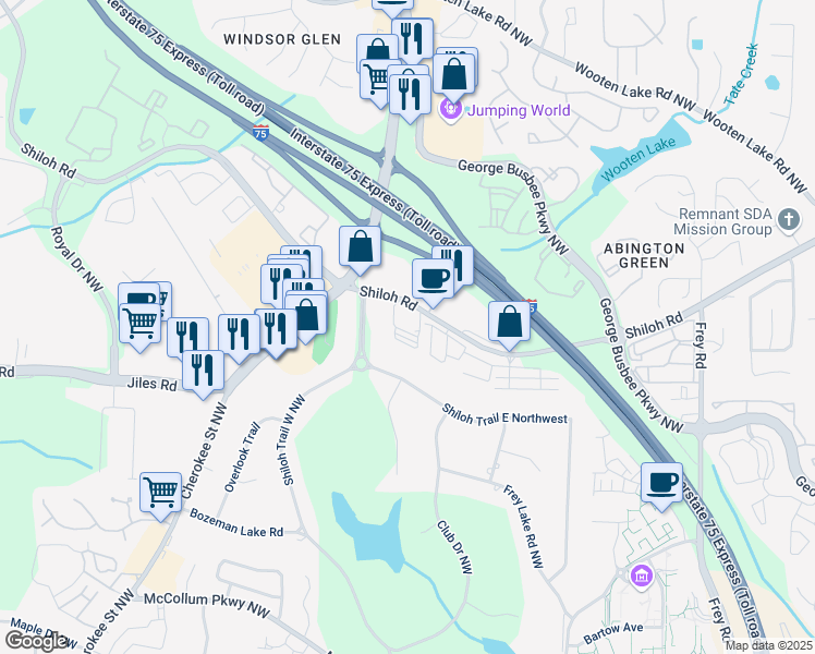 map of restaurants, bars, coffee shops, grocery stores, and more near 1465 Shiloh Road Northwest in Kennesaw