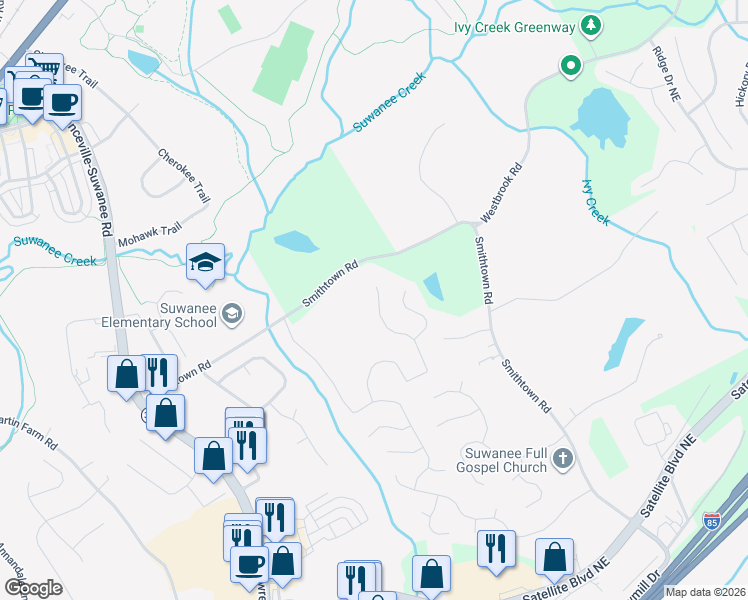map of restaurants, bars, coffee shops, grocery stores, and more near 3835 Ansley Park Drive in Suwanee