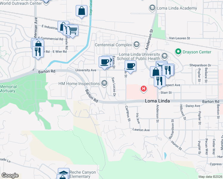 map of restaurants, bars, coffee shops, grocery stores, and more near 11234 San Lucas Drive in Loma Linda