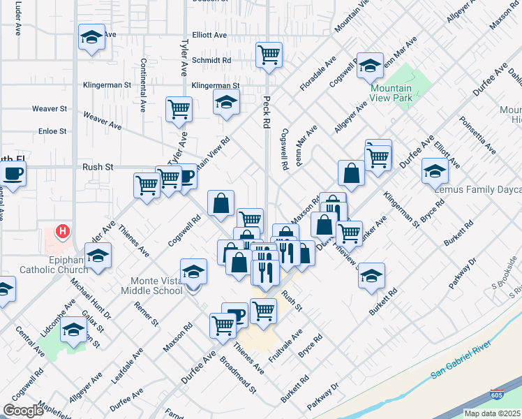 map of restaurants, bars, coffee shops, grocery stores, and more near 2133 Peck Road in El Monte