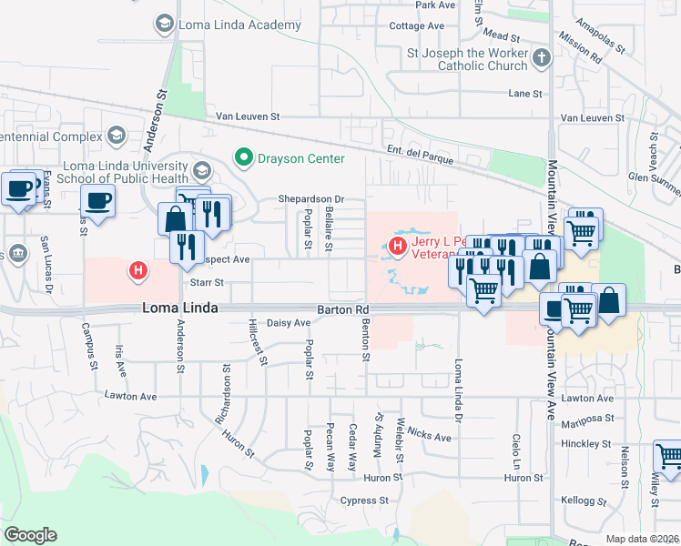 map of restaurants, bars, coffee shops, grocery stores, and more near 11232 Exeter Street in Loma Linda
