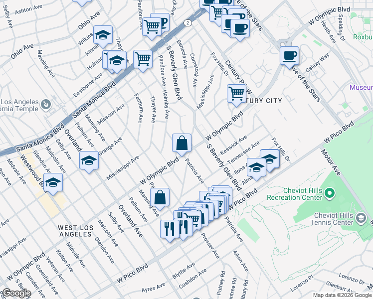 map of restaurants, bars, coffee shops, grocery stores, and more near 2161 Linnington Avenue in Los Angeles