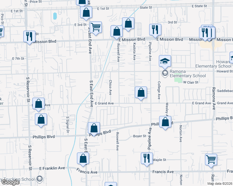 map of restaurants, bars, coffee shops, grocery stores, and more near 11212 Roswell Avenue in Pomona